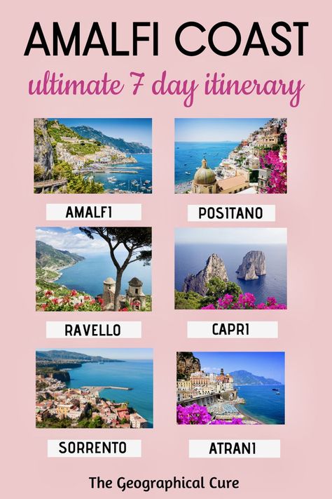 Pinterest pin for one week in Amalfi Almafi Coast Italy, Positano Italy Amalfi Coast, Amalfi Coast Travel Guide, Amalfi Coast Towns, Italy Coast, Almafi Coast, Amalfi Coast Itinerary, Italy Trip Planning, Island Of Capri