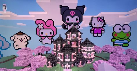 @lovesickdoe on twitter Sanrio Minecraft Builds, Sanrio Minecraft, Hello Kitty Lego, Hello Kitty Room Decor, Minecraft Skins Aesthetic, Minecraft Banner Designs, Minecraft House Plans, Hello Kitty House, Cool Minecraft Creations