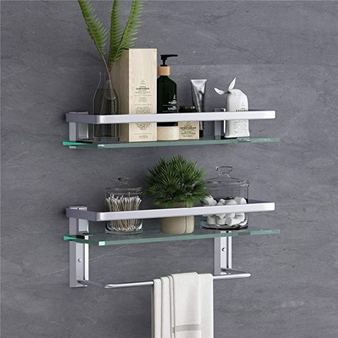 15.7in Glass Bathroom Shelf with Towel Bar-VOLPONE Glass Floating Shelves with Towel Rack Holder Wall Mounted Glass Shower Shelf (2 Tier,Sliver) - - Amazon.com Glass Shower Shelves, Bathroom Shelf With Towel Bar, Glass Bathroom Shelves, Wall Mounted Storage Shelves, Glass Shelves In Bathroom, Floating Glass Shelves, Space Saving Bathroom, Silver Bathroom, Wall Mounted Towel Rack