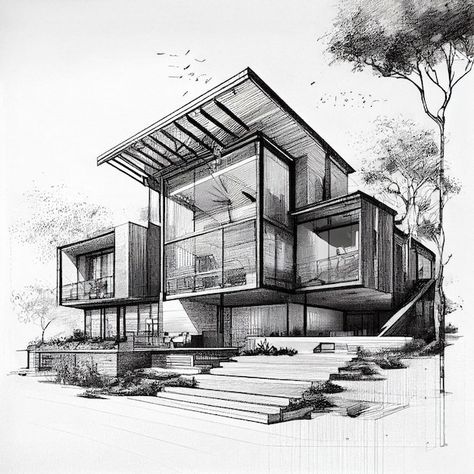 Luxury House Architecture, House Architecture Drawing, Architecture Drawing Sketch, Croquis Architecture, House Design Drawing, Architecture Blueprints, Perspective Sketch, Architecture Drawing Sketchbooks, Perspective Drawing Architecture