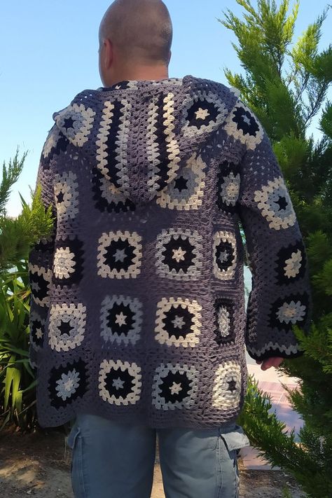 Hooded Granny Multi Square Crochet Jacket, Patchwork Afghan Man Coat, Boho Hippie Sweater, Knitted Gray Cardigan Patchwork, Patchwork Afghan, Granny Square Jacket, Square Jacket, Free Crochet Cardigan, Hippie Sweaters, Men Cardigan, Jacket Crochet, Crochet Patchwork