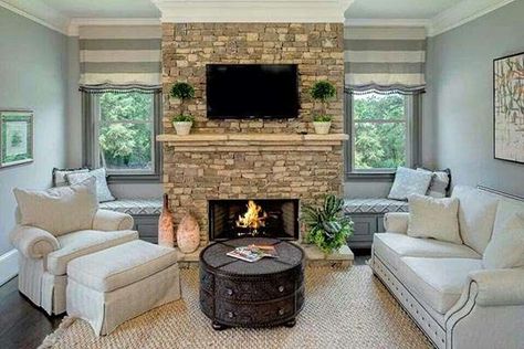 Fireplace with side seatings #fireplacemantel #fireplace #mantel #homedecor #decorhomeideas Window Seats, Fireplace Between Windows, Upstairs Decor, Ranch Plans, Fireplace Windows, Fireplace Seating, Fireplace Mantles, Tuscan Decor, Bench Seats