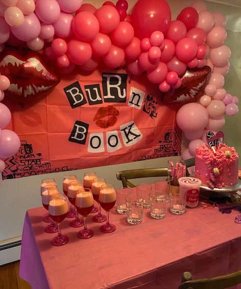 Regina George Birthday Party, Clueless Themed Sweet 16, Burn Book Birthday Party Ideas, 20th Bday Ideas Party Planning, Pink Themed Birthday Party 13, Mean Girls Sleepover Slumber Party Ideas, Meangirls Inspired Party, Mean Girls Bday Theme, Mean Girls Birthday Party Ideas