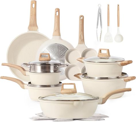 Cute Pots And Pans Aesthetic, Cream Pots And Pans, Pots And Pan Set, Aesthetic Pots And Pans Set, White Kitchen Pots And Pans, White Pots And Pans Set, Kitchen Pots And Pans Aesthetic, Pot Sets Kitchens, Kitchen Aesthetic Utensils