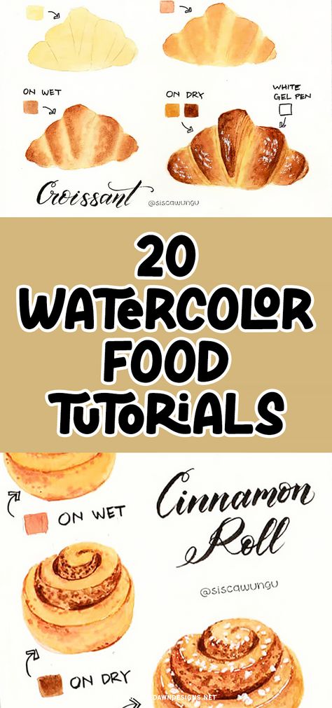 Learn how to paint mouthwatering croissants and cinnamon rolls with these adorable watercolor tutorials! Perfect for beginners and experienced artists alike. You'll also learn how to paint other food and dessert items like ice cream cones, cupcakes, fruit, and more. Watercolor Desserts Food Illustrations, Dessert Art Painting, Watercolor Cinnamon Roll, Food Acrylic Painting Easy, Dessert Painting Easy, How To Draw A Croissant Step By Step, Food Art Watercolor, Watercolor Blueberries Tutorial, Watercolour Food Painting