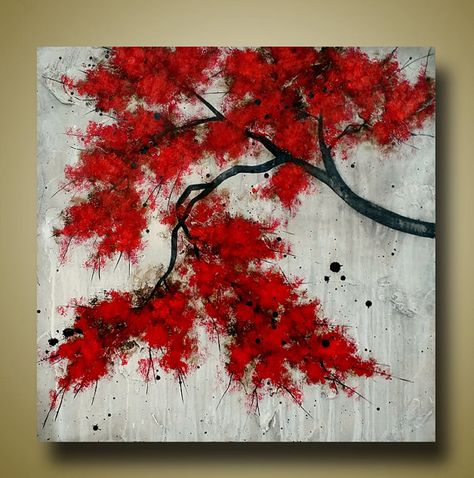 Red Paintings Canvas, Tree Branch Painting, Branch Painting, Branch Art, Art Painting Tools, Christmas Paintings On Canvas, Red Painting, Square Painting, Painting Canvases