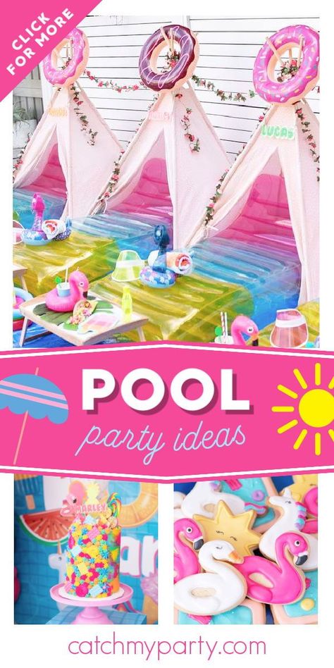 Pool Party Picnic Ideas, Pool Float Party Decoration, Summer Birthday Party Ideas 6, Swim Party Themes, Girly Pool Party Ideas, 10th Birthday Girl Pool Party, Pool Birthday Party Themes, Backyard Pool Party Ideas Kids, Pool Party 10th Birthday