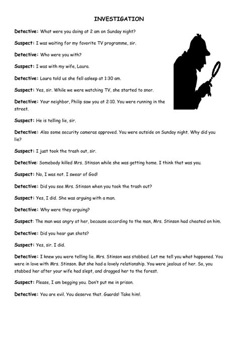 BusyTeacher.org How To Write Detective Stories, Dialogue Writing Examples, Detective Prompts, Detective Questions, One Act Play Script, Dialogue Writing Worksheets, English Drama Script, Dialogue Script, Dialogue Writing Prompts