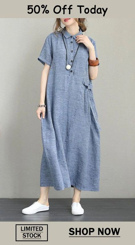 New blue linen dresses Loose fitting turn-down collar linen gown boutique short sleeve tie waist gown Gown Boutique, Linen Gown, Blue Linen Dress, Natural Linen Dress, Maxi Dress Winter, Linen Dress Women, Dress Sleeve Length, Loose Dresses, Summer Linen Dresses