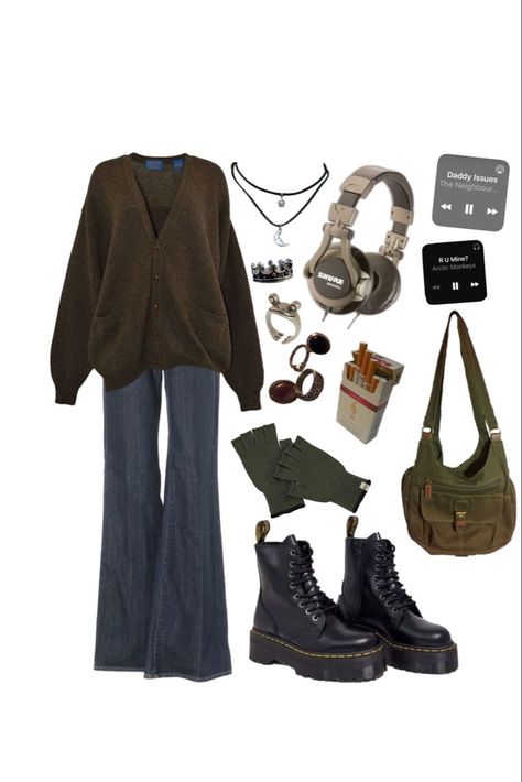 Grunge Cardigan, Thrift Shop Outfit, Mode Grunge Hipster, Outfits Aesthetic Grunge, Emo Y2k, Grunge Fits, Y2k Goth, Outfit Grunge, Mode Grunge