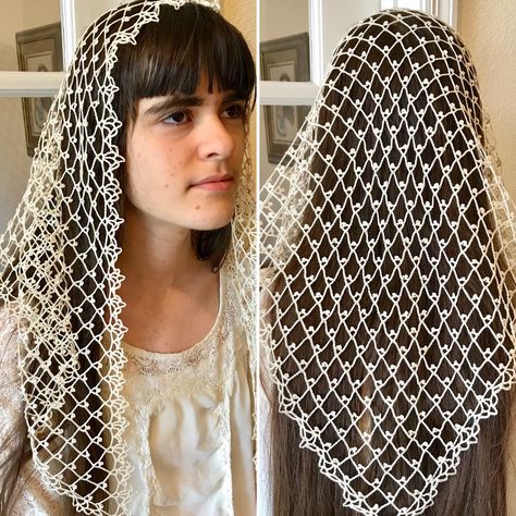 Picot Lace Crocheted Catholic Chapel Veil in Cream - Custom order Crochet Mantilla, Veil Pattern, Crochet Poncho Patterns Easy, Chapel Veil Catholic, Chapel Veils, Snood Pattern, Crochet Snood, Catholic Veil, Crochet Prayer Shawls