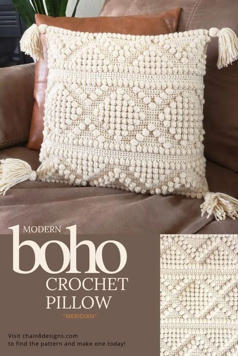 Add a touch of modern boho design with this cute crochet pillow cover. Whether you style is minimal or more eclectic, this pillow will go perfect. The front cover is made with a combination of bobble and single crochet stitches, which give this pillow a great nubby texture and creates the simple pattern. #bohocrochet #modernbohodesign #modernbohodecor #bohohomedecor #bohocrochet Boho Crochet Decor Home, Crochet Pillow Cover Boho, Crochet Pillow Cover Christmas, Crochet Euro Pillow Cover Pattern, Diy Crochet Pillow Cover, Boho Crochet Home Decor, Crochet Boho Decor Free Pattern, Crocette Patterns For Beginners, Diy Boho Pillow Covers