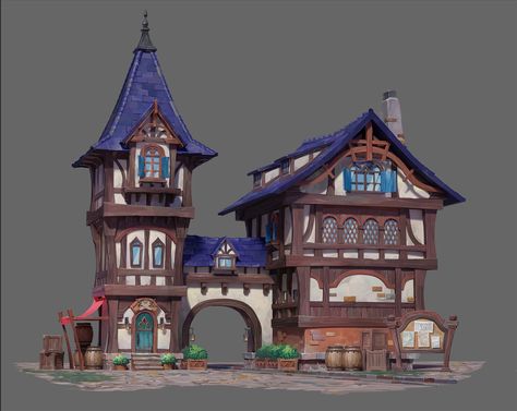 ArtStation - medieval house, Jeongwon Stylized Artstyle, Minecraft Harbor, Theme Park Planning, Concept Building, Medieval House, German Houses, Medieval Tower, House Games, Cute Minecraft Houses