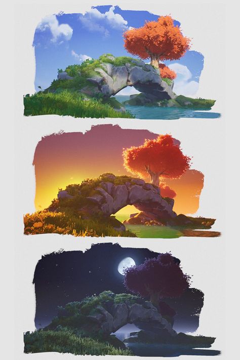 Professional Concept Art, Stylized Landscape Art, How To Paint Rocks Digital, Stylized Fantasy Environment, Light Study Reference Environment, Environment Digital Art, Video Game Concept Art Environment, Simple Environment Art, Landscape Tutorial Digital