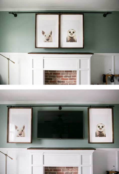 How To Hide A Split System, Sliding Picture Frame To Hide Tv, Ways To Hide A Tv On The Wall, Diy Hidden Tv Wall Mount, Framed Mounted Tv, How To Hide Tv Over Fireplace, Hide Your Tv Ideas, Hide Tv With Artwork, Hide My Tv Wall Mounted Tv