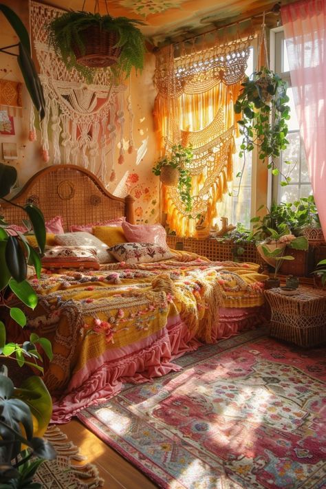 Inject vibrant colors into a boho bedroom to create a lively and energetic space. Use bold wall colors or colorful bedding to make the room pop, while keeping furniture and decor items in neutral tones to balance the look. Discover more color pop boho bedroom designs. Boho Vibe Bedroom Ideas, Earthy Boho Dorm Room, Earthy Girly Bedroom, Colorful 70s Bedroom, Earthy Bright Bedroom, Rattan Boho Bedroom, Orange Room Inspiration, Boho Spiritual Bedroom, Pink Bedroom Plants