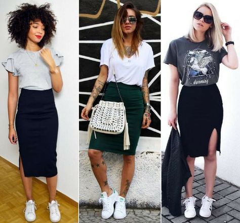 Pencil skirt casual outfits with sneakers Casual Pencil Skirt Outfits, Skirt Outfits With Sneakers, Pencil Skirt Sneakers, Black Pencil Skirt Outfit, Casual Pencil Skirt, Pencil Skirt Outfits Casual, Skirts With Sneakers, Skirt Outfit Casual, Outfits With Sneakers