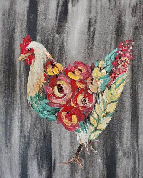 Floral Chicken Painting, Pinots Palette Paintings, Arrow Painting, Floral Chicken, Rooster Painting, Chicken Painting, Wine And Canvas, Cute Chickens, Chicken Art