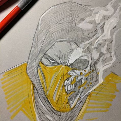 Quick Sketch of Scorpion from Mortal Kombat - basing on the first design - #scorpion #mk #mortalkombat #getoverhere Skorpion Mortal Kombat, Physics Design, Scorpion Mk, Mortal Kombat Tattoo, Scorpion Mortal Kombat, Mortal Kombat Characters, Tattoo Zeichnungen, Mortal Kombat Art, Mortal Combat