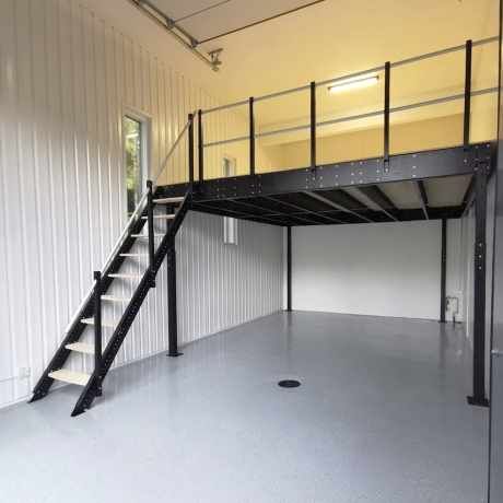 Large – Tecrostar Gallery Mezzanine Office Design, Shop Loft Ideas, Pole Barn Trusses, Garage Mezzanine, Loft House Ideas, Casa Open Space, Asma Kat, Stair Ladder, Garage Room