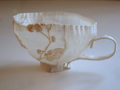 lnop:    Delicate embroidered linen fabric teacup by Anne Kata Soft Sculpture, Ceramic Art, Ann Wood, Textile Fiber Art, Fibres Textiles, My Cup Of Tea, Fabric Art, Tea Bag, Vintage Linens