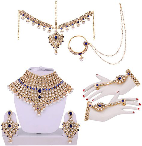 A DAZZLING AND AN EXQUISITE 8 PIECE NECKLACE- SET IN White, Royal Blue and Gold COLOR PERFECT FOR BRIDES AND FORMAL OCCASIONS Shipping through UPS courier and delivery time 8-10 working days depending on the destination This is an amazing and awesome piece which you can not afford to miss. It is hand crafted by skilled artisans of India . STUNNING PIECE TO WEAR FOR FORMAL OCCASIONS AND WEDDINGS A MUST HAVE FOR THE BRIDE TO BE You will seldom find such ethnic piece It will razzle and dazzle at an Dulhan Set, Full Bridal Jewellery Set, Bridal Dulhan, Haldi Photoshoot, Indian Things, Rose Corsage, Indian Accessories, Perhiasan India, Lucky Jewelry