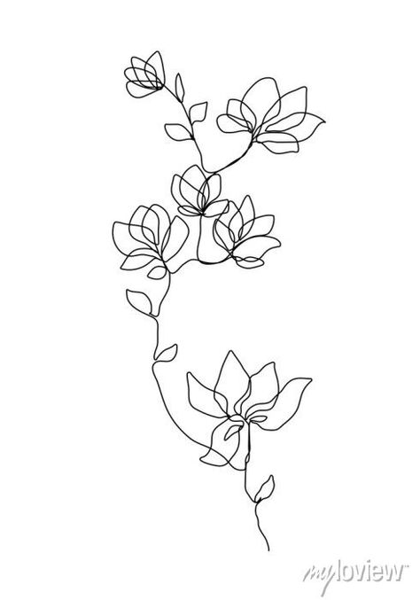 One line drawing vector flower. floral modern single line art, on prints from myloview. The best quality posters, , canvas prints, murals, stickers. Do you want to decorate your home? Only with myloview! One Line Floral Drawing, Greenery Line Art, Flower Single Line Drawing, One Line Flower Art, One Line Plant Drawing, Single Line Illustration, Single Line Flower Drawing, Line Flowers Design, Continuous Line Drawing Flower