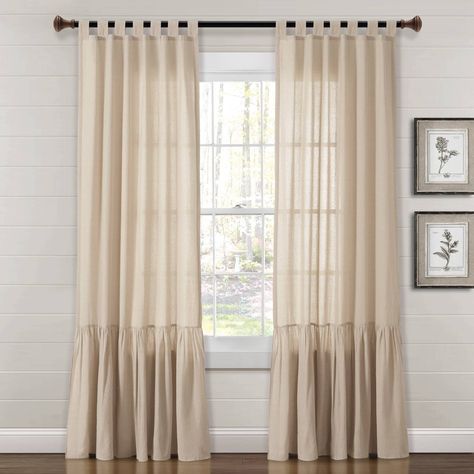 Elevate your farmhouse style with this subtly embellished Farmhouse Faux Linen Tab Top Window Curtain Panel. This window panel features a timeless style with a slight flair towards the bottom. Its simple design brings a homey yet polished look to your space. This panel features a timeless design and then has a bell bottom styled effect towards the bottom. The Farmhouse Faux Linen Tab Top Window Curtain Panel is made with unique faux linen fabric. The slight weaving variations are true to this na Farmhouse Curtains Living Room, Farmhouse Style Curtains, Dark Panels, Plain Curtains, Simple Curtains, Stylish Curtains, Lush Decor, Rustic Curtains, Farmhouse Curtains