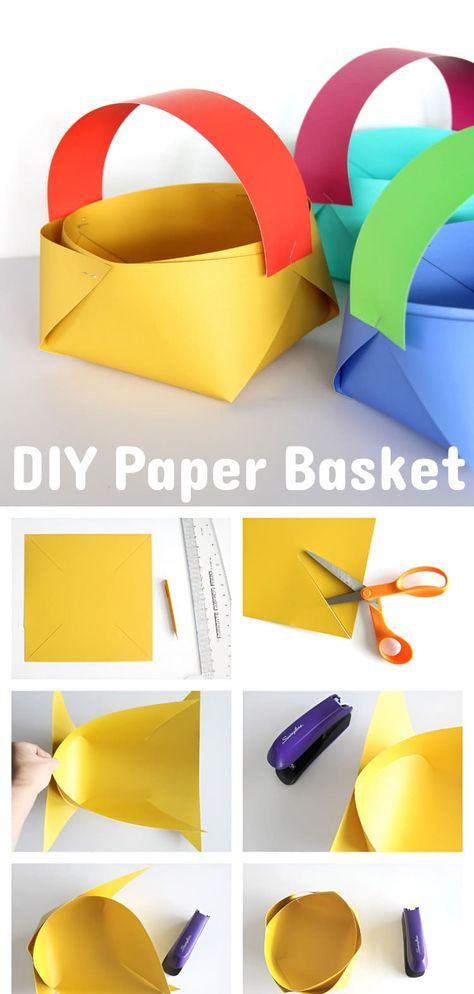 How to Make a Paper Basket Construction Paper Basket, Paper Baskets For Easter, Paper Bag Basket Diy, Paper Easter Baskets To Make, Easy Paper Easter Baskets, How To Make Easter Baskets Out Of Paper, Paper Weave Basket, Paper Bucket Craft, Easy Easter Baskets To Make