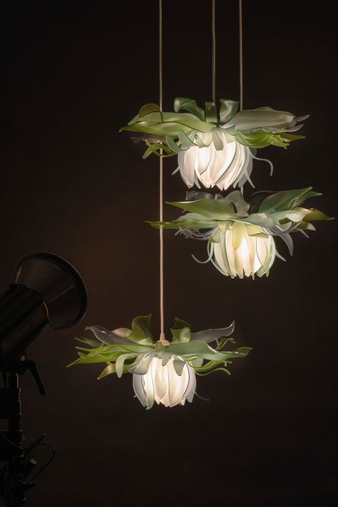 Whimsical Lighting Fixture, Lotus Light Fixture, Flower Ceiling Lights, Hanging Flower Lights, Cool Light Fixtures Bedroom, Quirky Light Fixtures, Nature Inspired Lighting Fixtures, Flower Hanging Lamp, Whimsical Pendant Light