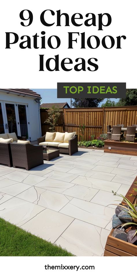 Well-maintained backyard patio with beige furniture on geometric tile flooring, showcasing landscaping inspiration for patio floor ideas. Patio Deck Flooring Ideas, Best Flooring For Outdoor Patio, Diy Patio Floor Ideas On A Budget, Patio With Tile Floor, Cheap Floor Ideas Diy, Inexpensive Patio Ideas Diy, Diy Patio Pavers Cheap, 10 X 10 Patio Ideas, Budget Patio Flooring