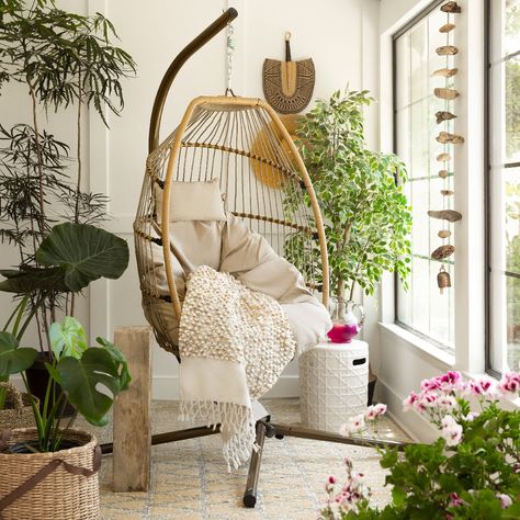 Arrives by Wed, Jan 25 Buy Barton Hanging Hammock Egg Style Chair Chair Basket Chair UV Resistant Cushion with Stand for Indoor / Outdoor, Light Beige at Walmart.com Egg Styles, Hanging Rattan, Garden Swing Seat, Hammock Stands, Basket Chair, Indoor Hammock, Hanging Egg Chair, Hanging Hammock, Hanging Swing Chair