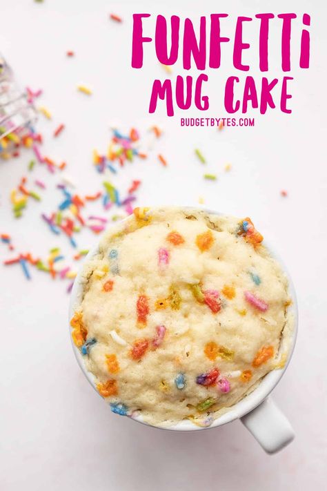 This super cute Funfetti Mug Cake is the perfect single-serving dessert for when you need something sweet and fast! BudgetBytes.com Single Serving Cake Recipe, No Egg Mug Cake, Mug Cake Without Egg, Confetti Mug Cake, Chocolate Quinoa Crisps, Funfetti Mug Cake, Quinoa Crisps, Confetti Cake Recipes, Making Macarons