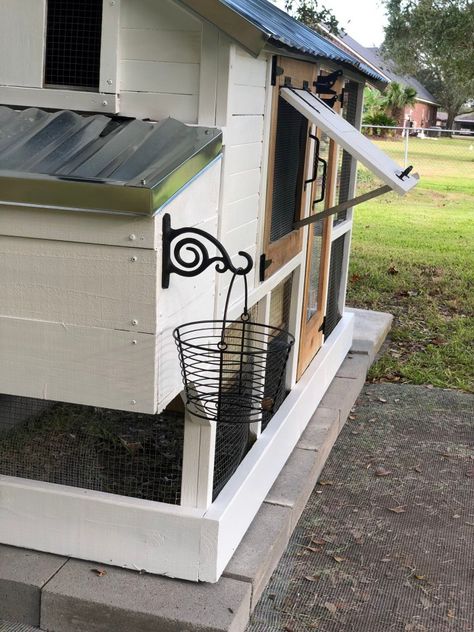 Outside Chicken Coop Decor, Chicken Coop On Pavers, Add On To Chicken Coop, Chicken Coop Flower Boxes, Chicken Coop Decorating Ideas Outside, Tin Roof Chicken Coop, Chicken Coop Decor Landscaping, Easy Chicken House Ideas, Chicken Coop Planter Boxes