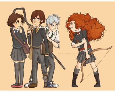 Jack Frost, Merida, Hiccup, and Rapunzel~ who came up with this? Whoever it was- I LOVE THEM! Disney Crossovers, Disney Hogwarts, Disney Mignon, Hiro Big Hero 6, Image Princesse Disney, Merida Brave, Hiccup, Disney Tangled, Arte Disney