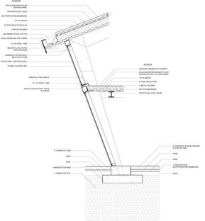 Tilt House | Kristopher Fuentes | Archinect Structural Drawing, Slanted Columns Architecture, Space Truss, Slanted Wall, Construction Details Architecture, Wall Section Detail, Wall Section, Slanted Walls, Steel Architecture