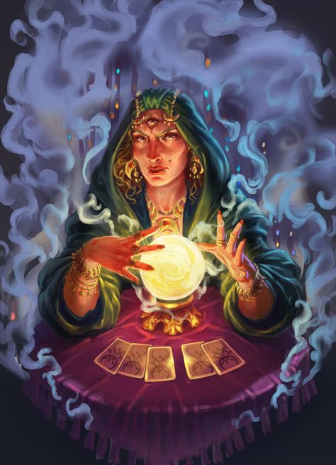 ArtStation - fortune-teller, Masha Kuravcova Fortune Teller Pose Reference, Soothsayer Costume, Psychic Illustration, Fortune Teller Illustration, Fortune Teller Aesthetic, Fortune Teller Tattoo, Fortune Illustration, Fortune Teller Art, Fortune Teller Crystal Ball