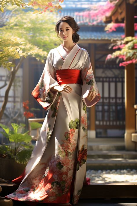 AI art of a young japanese woman wearing a traditional kimono in a traditional japanese courtyard Kimonos, Feudal Japan Clothing Women, Traditional Dresses Japanese, Japanese Traditional Dress Kimonos, Traditional Japanese Woman Kimono, Japanese Noble Woman, Japanese Dress Traditional Kimono Japan, Japanese Kimono Hairstyle, Japanese Traditional Clothing Woman