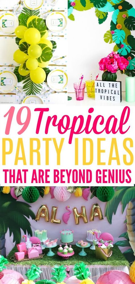 19 Tropical Party Ideas That Are Beyond Genius | How to throw a Tropical Party with these 19 DIY ideas. Have an awesome summer celebrating birthday or just the warm summer weather with bright and colorful tropical party ideas. Choose from flamingoes to pineapples add a modern touch or bring back the retro vibe with these DIY tropical party ideas! This is how you celebrate summer! #tropicalpartyideas #tropical #DIYpartyideas Tropical Party Ideas, Tropisk Fest, Hawaian Party, Tropical Theme Party, Celebrating Birthday, Tropical Birthday Party, Luau Party Decorations, Tropical Party Decorations, Hawaiian Party Decorations