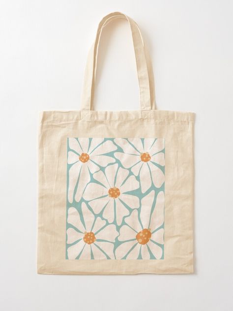 "Flowers, maybe daisies, on blue background, flat minimalistic illustration" Tote Bag for Sale by Lala-and-Jull | Redbubble Beachy Painted Tote Bags, Painted Totes Ideas, Cute Bag Painting Ideas, Totebag Inspo Aesthetic, Painting Canvas Tote Bags, Beach Bag Painting Ideas, Painting Ideas For Tote Bags, Diy Canvas Tote Bag Paint, Tote Bag Painting Ideas Summer