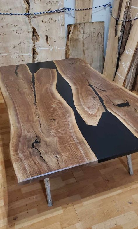 Live edge walnut slabs with a black epoxy river Live Edge Counter, Unique Dining Table, Live Edge Epoxy, Resin River Table, Unique Dining Tables, Custom Dining Tables, River Table, Walnut Table, Ceramic Studio