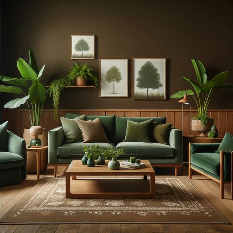 21 Exquisite Furniture Colors for Brown Walls Green Sofa Brown Wall, Styling Green Couch, Walnut And Green Interior, Mint Couch Living Room, Green Couch Green Wall, Yellow Living Room Color Scheme, Green Couches Living Room, Forest Green Furniture, Mint Green Couch