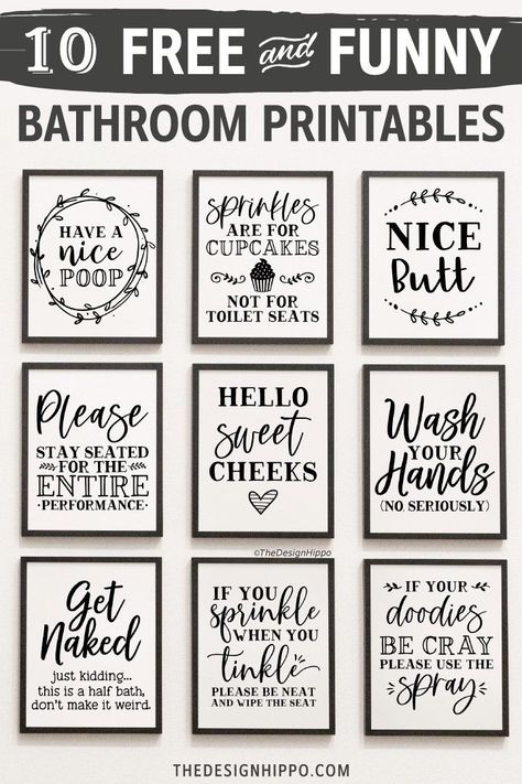 Free Bathroom decor printables for your home. Make funny wall art prints and signs to add a touch of humor to the restroom. Made in a black and white farmhouse style, these hilarious quotes are a great way to spruce up your bathroom. Great to make funny gifts for your friends and family. Some of the quotes included are - nice butt, have a nice poop, hello sweet cheeks, wash your hands and more. #freeprintable #bathroomprintable #bathroomhumor #farmhouse #rustic #funnyquotes #homedecor #diycrafts Tiny Cottage Bathroom, Bathroom Printables Free, Wc Decoration, Black And White Farmhouse, Funny Wall Art Quotes, Bathroom Quotes, Bathroom Printables, Hello Sweet Cheeks, Storage Small