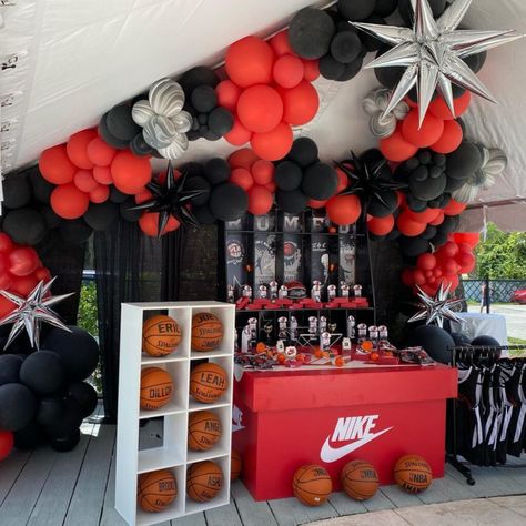 30 Insanely Cute Graduation Party Themes You Will Want to Recreate - With Houna Jordan Theme Birthday Party Centerpiece, Jordan Shoe Birthday Cake, Jordan Birthday Centerpieces, Sneaker Ball Party Decorations Men, Just Do It Party Theme, Sneaker Ball Candy Table, Air Jordan Party Theme Ideas, Party Themes For Graduation, Mens Graduation Party