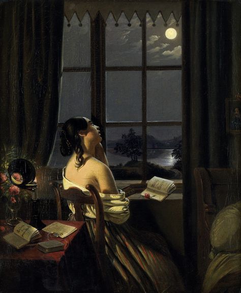 Die Sentimentale, by Johann Peter Hasenclever, circa 1846-47. Tumblr, Giovanni Boldini, Look At The Moon, Winslow Homer, Moon Painting, Classic Paintings, Window Painting, Old Paintings, Romantic Art