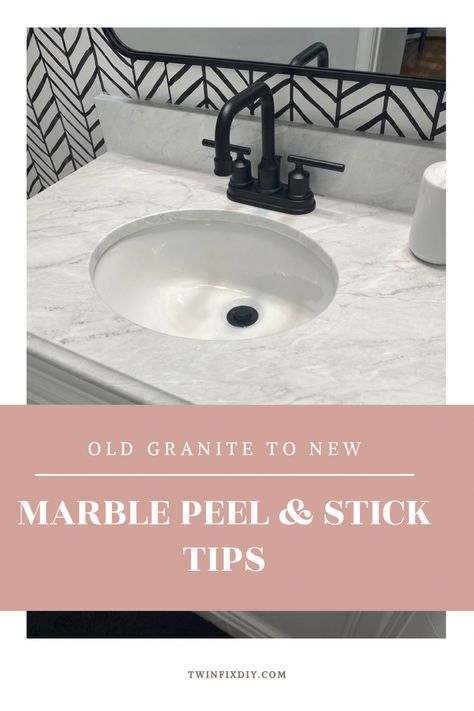 Tiled Countertop Bathroom, Wallpaper Bathroom Vanity, Bathroom Counter Ideas, Contact Paper Counter, Peel And Stick Countertop, Contact Paper Countertop, Bathroom Countertops Diy, Marble Countertops Bathroom, Faux Marble Countertop