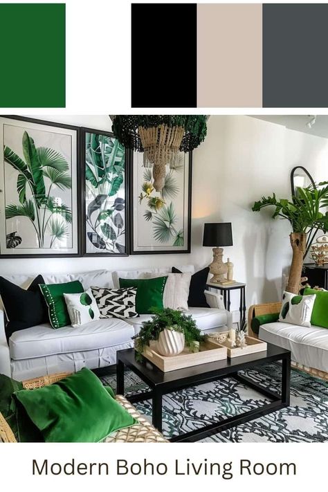 Modern Boho Living Room: Bold Green & Black Accents Green Wall Decor Living Room, Shades Of Green Living Room Decor, Black White Green Home Decor, Black And White And Green Living Room, White And Green Room, Living Room Black Accents, Hunter Green Living Room, Black And Green Living Room, Green And Black Living Room