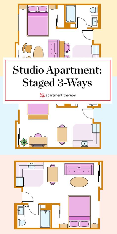 How you choose to arrange your furniture has a huge impact on the feel of your space. In a studio apartment where every single square foot counts—here are 3 ways to lay out your small space. #studio #studioapartment #smallspace #studiolayout #studioapartmentideas #layoutideas #smalllivingroom #smallbedroom Room Interior Bedroom Modern, Studio Apartment Layout Ideas, Room Interior Bedroom, Apartment Layout Ideas, Garage Studio Apartment, Studio Apartment Furniture, Studio Apartment Floor Plans, Studio Floor Plans, Tiny Studio Apartments
