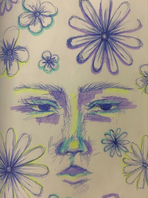 Croquis, Sketch Markers Drawing Ideas, Cute Highlighter Doodles, Flower Drawings With Markers, Sketches With Highlighter, Pen And Highlighter Art, Pen Face Sketch, Highlighter Pen Design Ideas, Face Flowers Drawing