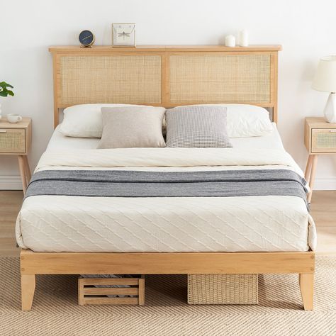 Bay Isle Home Stavern Mid Century Natural Platform Bed & Reviews | Wayfair Rattan Bed Frame, Rattan Bed, Rattan Headboard, Wooden Platform Bed, Headboard With Lights, Linen Headboard, Full Size Bed Frame, Wooden Headboard, Queen Size Bed Frames